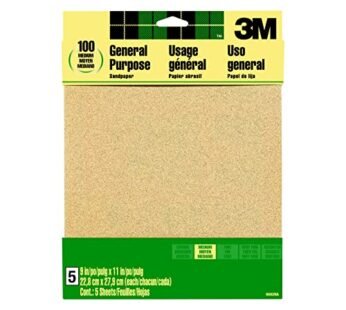 3M Sandpaper, 100 Grit, 5 Sheets, 9 in x 11 in, Sands Paint, Wood & Metal, Great For Gener