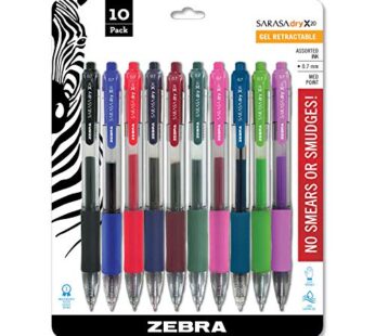 Zebra Pen Sarasa Retractable Gel Pen, Medium Point, 0.7mm, Assorted Fashion Color Ink, 10-