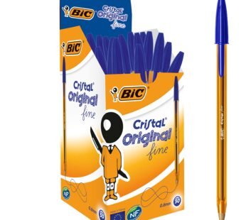 Bic Cristal Original Fine Ball Pens, Fine Point (0.8 mm), Blue, Box of 50 – Smudge-Free, E