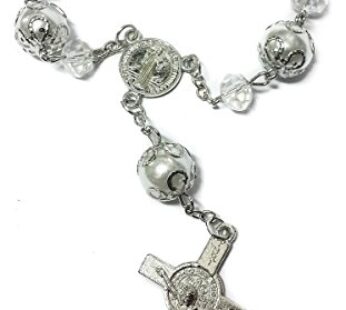 Nazareth Store Saint Benedict Evil Protection Medal White Clear Crystal Beads Rosary Car A