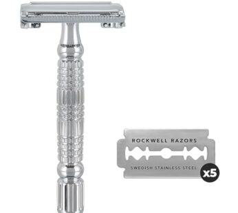 ROCKWELL RAZORS R1 Double Edge Safety Razor in White Chrome, Butterfly Open with 5 Blades