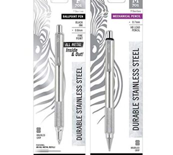 Zebra F-701/M-701 Pen & 0.7 mm Pencil Set, Stainless Steel with Knurled Grip