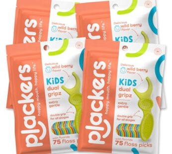 Plackers Kids Dual Gripz Floss Picks with Double Grip handle, Wild Berry Flavor, Colorful