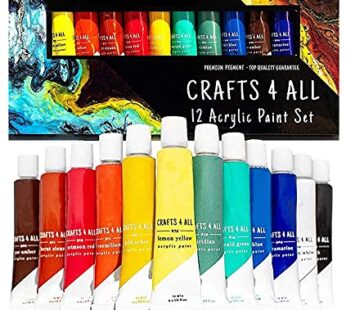 Acrylic Paint Set for Adults and Kids – 12 Pack of 12mL Paints with 3 Art Brushes, Non-Tox