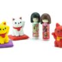 Japanese Iwako Maneki Neko & Kokeshi Eraser Set