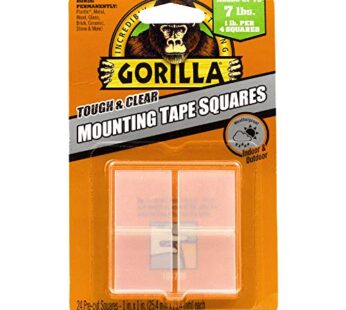 Gorilla Tough & Clear Double Sided Tape Squares, 24 1″ Pre-Cut Mounting Squares, Clear, (P