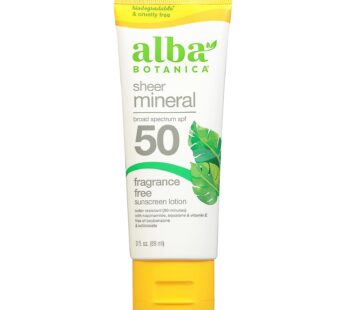 Alba Botanica Sheer Mineral Sunscreen Lotion, Broad Spectrum SPF 50, Fragrance Free, 3 fl