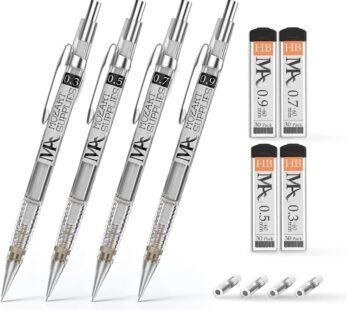 MozArt Mechanical Pencil Set with Case – 4 Sizes: 0.3, 0.5, 0.7 & 0.9mm with 30 HB Lead Re