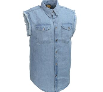 Milwaukee Leather DM1001 Men’s Blue Lightweight Denim Shirt with with Frayed Cut Off Sleev