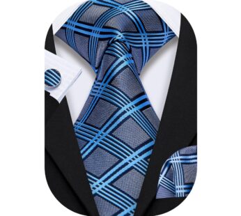 Barry.Wang Blue Grey Checks Necktie for Men,Grey Blue,One Size