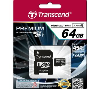 Transcend 64GB MicroSDXC Class10 UHS-1 Memory Card with Adapter 90 MB/s (TS64GUSDU1)
