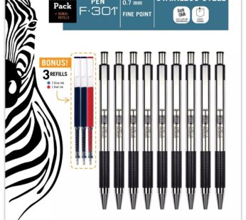 ZEBRA F-301 Ballpoint Retractable Pen, Black Ink, Fine Point Tip, 9 Pens per Pack Refillab