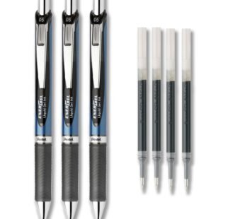 Pentel EnerGel Deluxe RTX Liquid Gel Ink Pen Set Kit, Pack of 3 with 4 Refills (Black – 0.