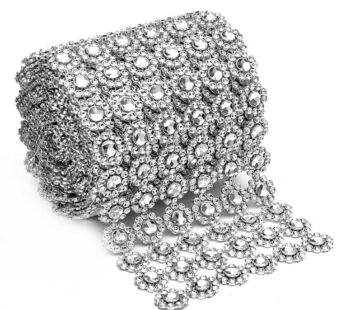 Silver Diamond Flower Shape 4″x 1 Yard Mesh Wrap Roll Rhinestone Crystal Ribbon