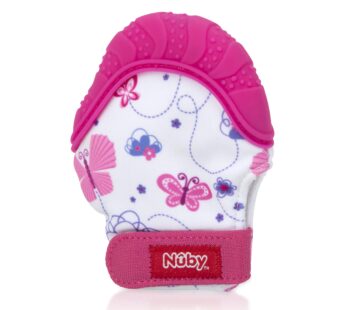 Nuby Soothing Teething Mitten with Hygienic Travel Bag, Pink.