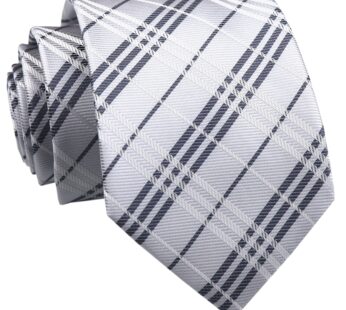 Secdtie Men’s Classic Checks Silver Jacquard Woven Silk Tie Formal Necktie