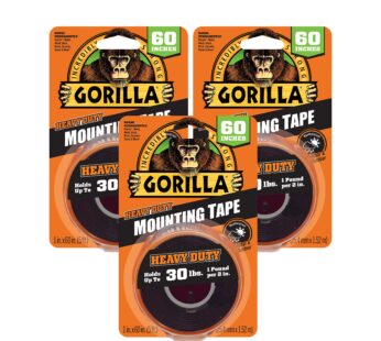 Gorilla – Heavy Duty Double Sided Mounting Tape, Weatherproof, 1″ x 60″, Black, (Pack of 3