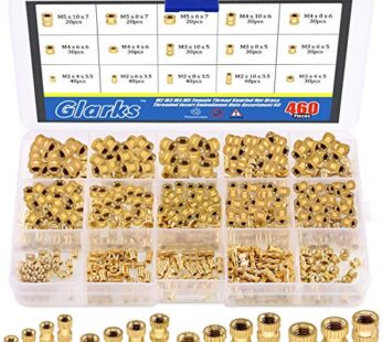 Glarks 460Pcs M2 M3 M4 M5 Female Thread Knurled Brass Threaded Insert Embedment Nut Assort