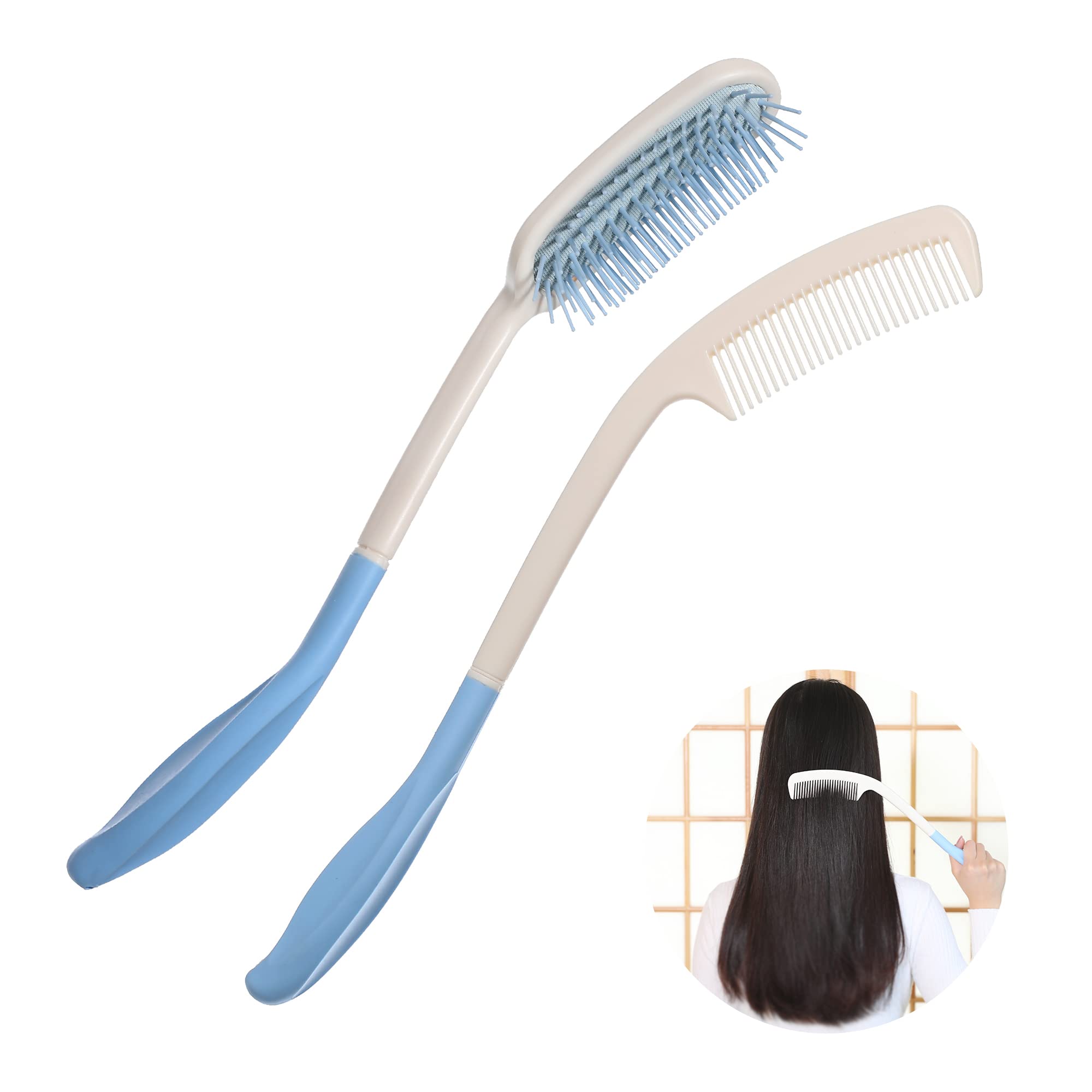 Fanwer Long Reach Handled Comb and Hair Brush Set Applicable to elderly and hand-disabled