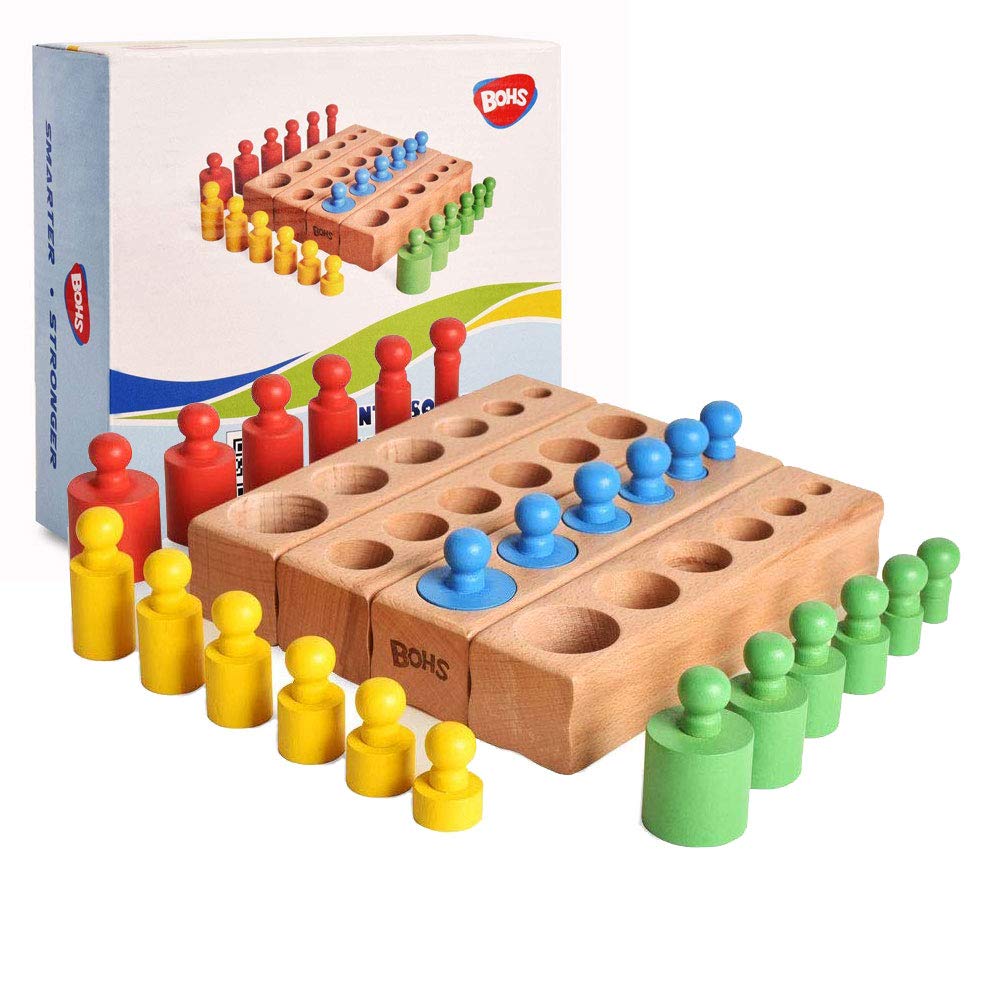 BOHS Montessori Knobbed Cylinders Blocks - 6 Pegs / 6.7 Inches - Colorful Wooden Early Hom