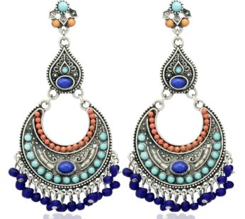 RechicGu Retro Silver Women Indian Earrings Tribal Vintage Crescent Blue Stone Jhumki Jhum