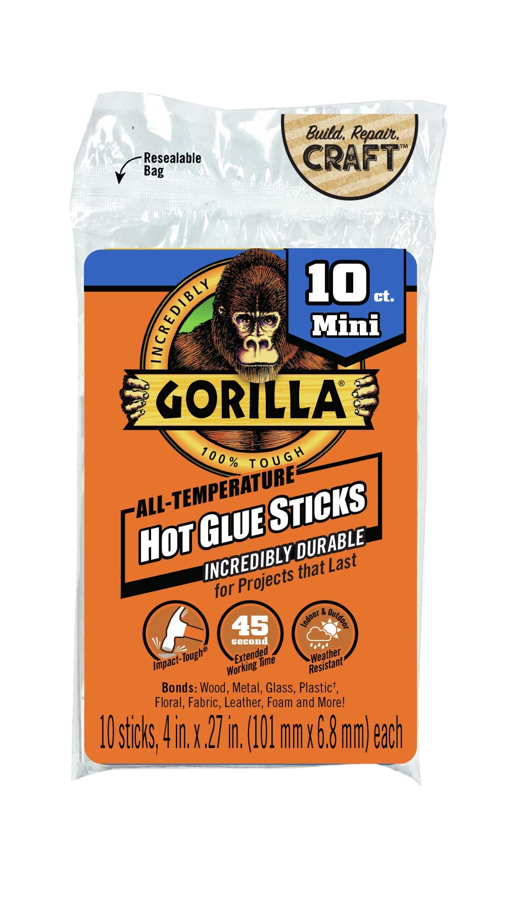 Gorilla Hot Glue Sticks, Mini Size, 4" Long x .27" Diameter, 10 Count, Clear, (Pack of 1)