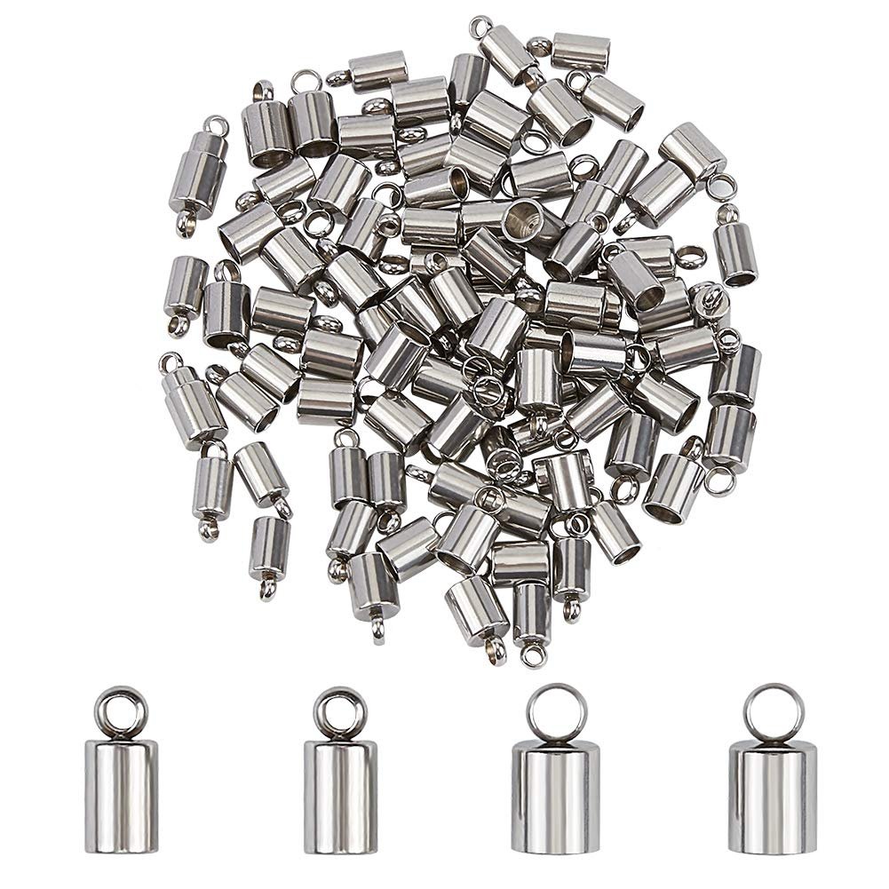 UNICRAFTALE 100pcs 2 Sizes 3mm/4mm Barrel Cord Ends 304 Stainless Steel End Caps Leather C