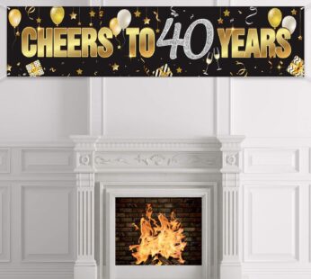 40th Birthday Banner, Happy 40th Birthday Cheers to 40 Years Birthday Sign Gold Glitter Bi