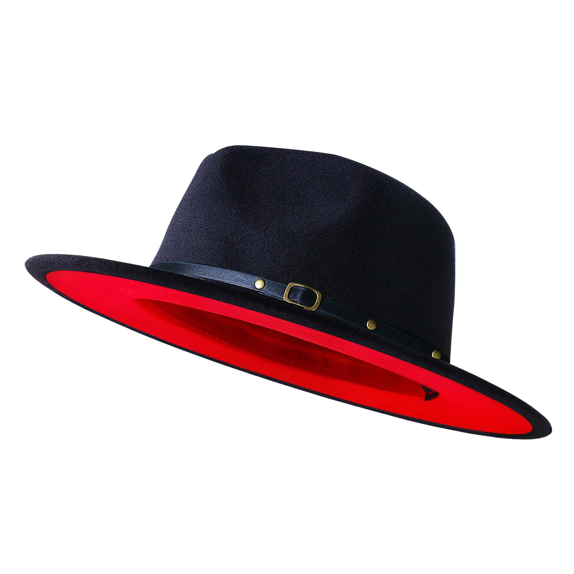 KUJUHA Wide Brim Fedora Two Tone Dress Hat, Small-Medium, Black & Red