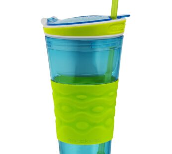 Snackeez Travel Snack & Drink Cup with Straw, Blue,16 oz