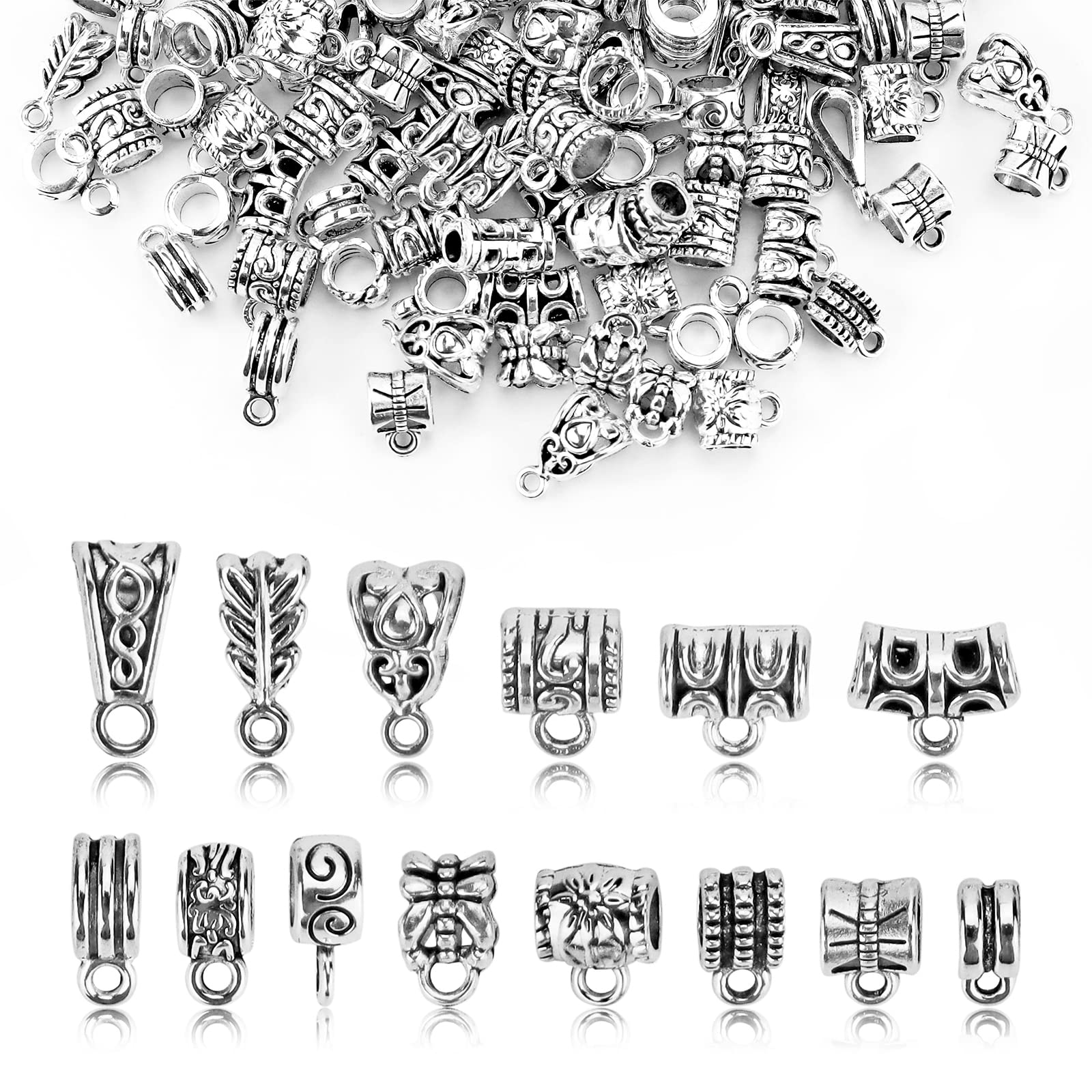 JIALEEY 125 Piece Mixed Antique Tibetan Silver Bail Tube Beads, Bail beads, Spacer Bead, B