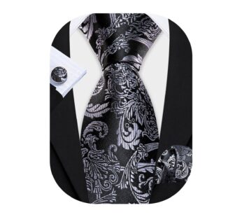 Barry.Wang Men Tie Set Paisley Black Grey Silk Necktie Pocket Square Cufflinks Formal Busi