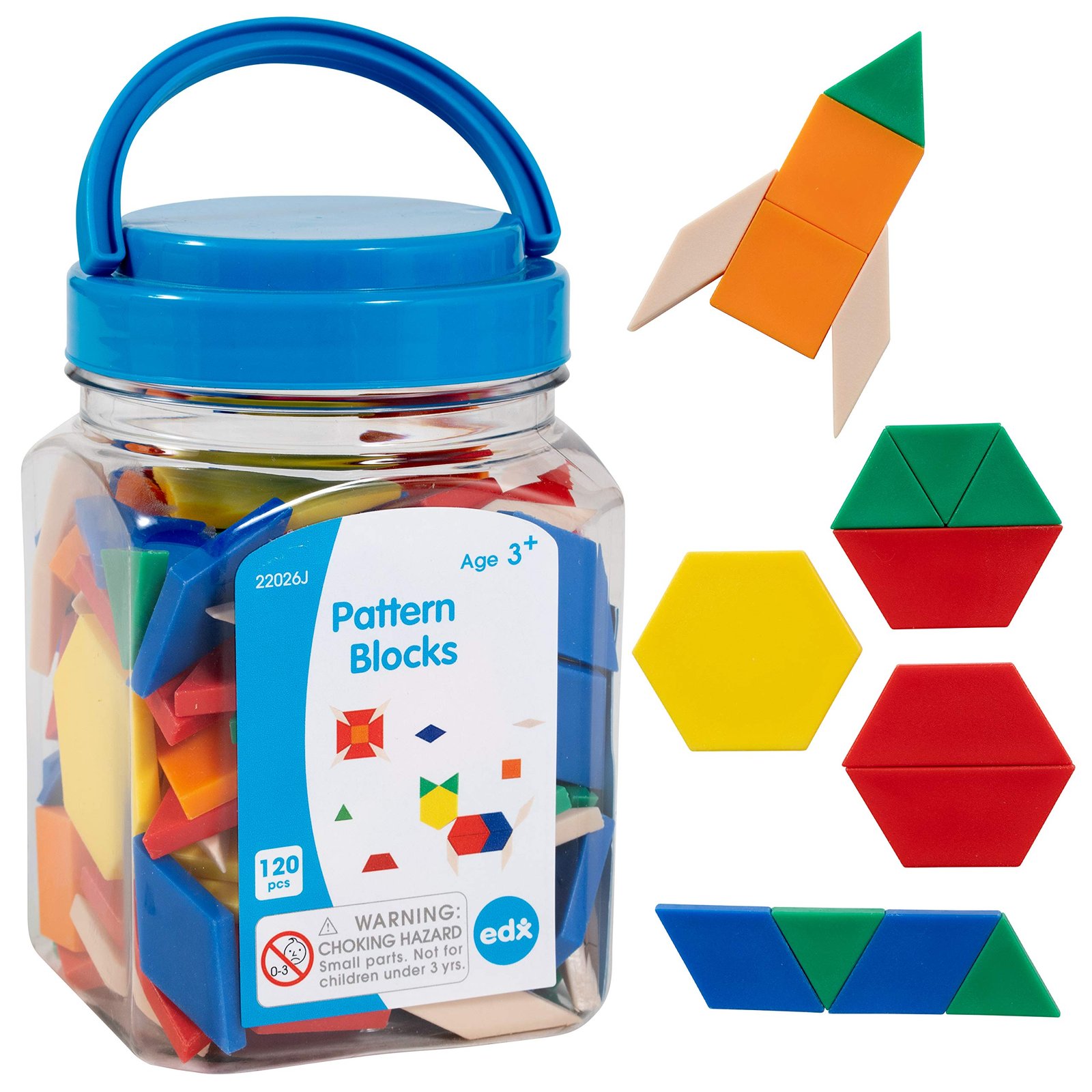 Edx Education Pattern Blocks - Mini Jar Set of 120 - Plastic Pattern Blocks - Practice Sor