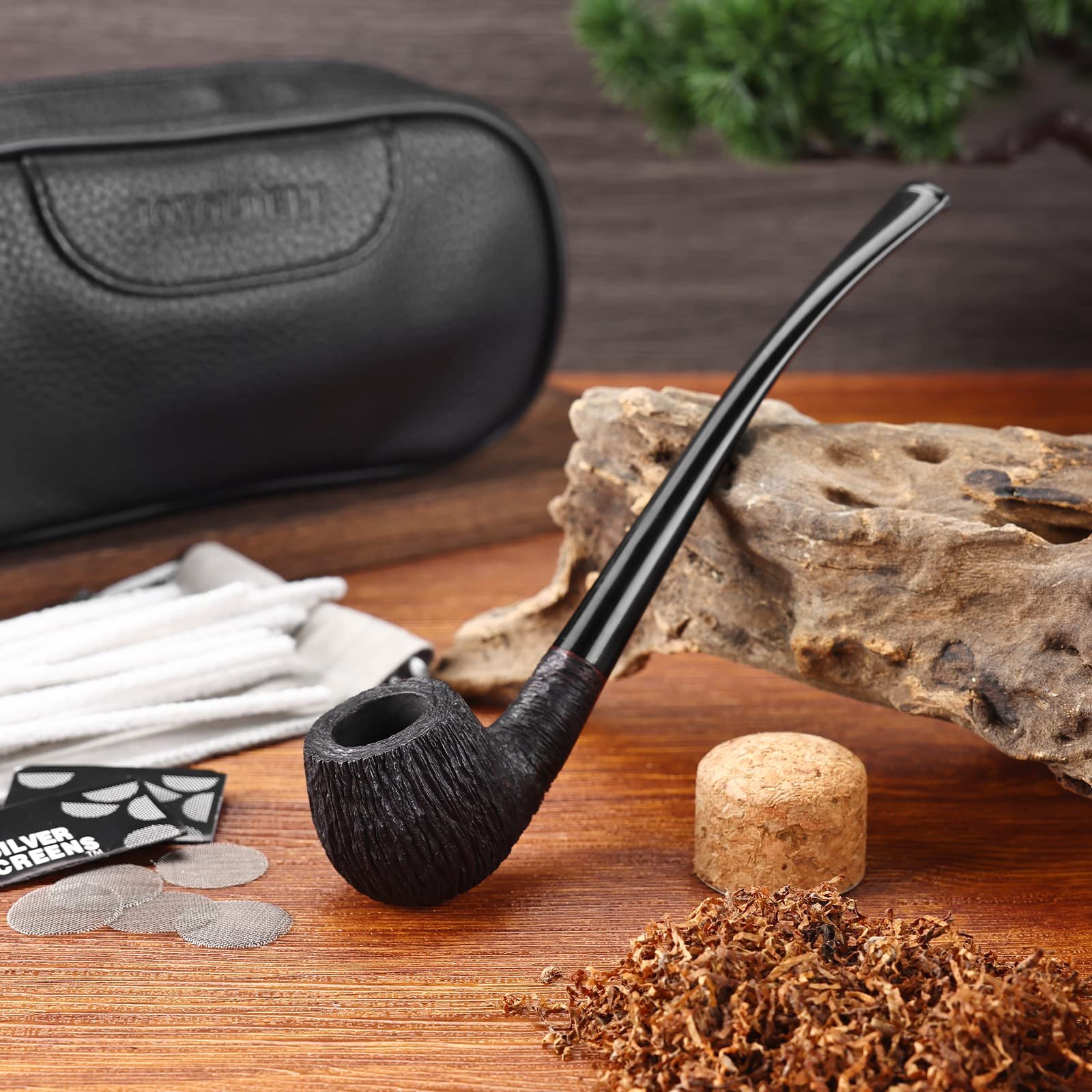 Joyoldelf Smoking Pipe, Briar Tobacco Pipe with Leather Tobacco Pipe Pouch, Churchwarden P