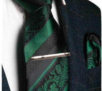 JEMYGINS Dark Green Floral Tie, Silk Necktie and Pocket Square Hankerchef Tie Clip Sets fo