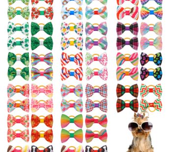 YAKA 60PCS (30 Paris) Cute Puppy Dog Small Bowknot Hair Bows with Rubber Bands Handmade Ha