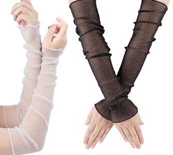 OIIKI 2 Pairs Women’s Long Ultra-thin Lace Gloves Sun UV Protection, Cooling Mesh Tulle Su