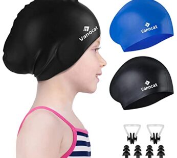 2 Pack Kids Swim Caps for Long/Short Hair, Unisex Silicone Swimming Cap for Age 3-15 Child