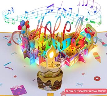3D Musical Birthday Popup Card, Blowable/Blow Out LED Light Candle and Play Happy Birthday