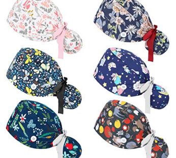 6 Pcs Scrub Caps Women Nursing Hats with Buttons Adjustable Ponytail Holder Bouffant Turba