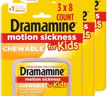 Dramamine Kids Chewable, Motion Sickness Relief, Grape Flavor, 8 Count, 3 Pack