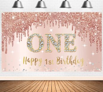 Happy 1st Birthday Banner Backdrop Decorations for Girls, Rose Gold 1 Year Old Birthday Pa