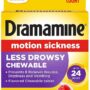 Dramamine Chewable Less Drowsy, Motion Sickness Relief, Raspberry Cream Flavor, 12 Count
