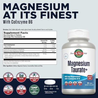 KAL Magnesium Taurate 400mg Plus Vitamin B6, Chelated Magnesium Supplement, High Absorption Magnesium Complex, Muscle and Heart Health Support, Vegan, Gluten Free, 60-Day Guarantee, 60 Serv, 120 Tabs - Image 2