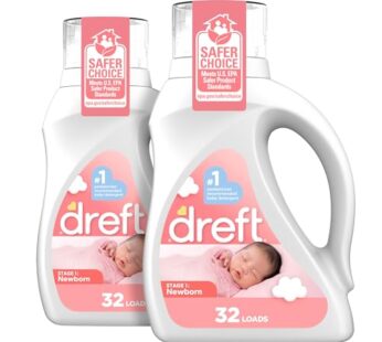 Dreft Newborn Baby Liquid Laundry Detergent, Gentle on Sensitive Skin, HE Compatible, 2 pack, 32 loads each