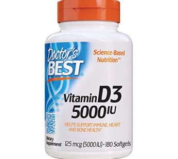 Doctor’s Best Vitamin D3 5000IU, Non-GMO, Gluten & Soy Free, Regulates Immune Function, Supports Healthy Bones, White, No Flavour, 180 Count