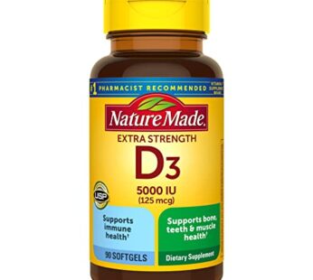 Nature Made Extra Strength Vitamin D3 5000 IU (125 mcg), Dietary Supplement for Bone, Teeth, Muscle and Immune Health Support, 90 Softgels, 90 Day Supply