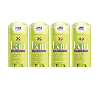 Ban Shower Fresh 24-hour Invisible Antiperspirant, Solid Deodorant for Women and Men, Underarm Wetness Protection, with Odor-fighting Ingredients, 2.6 Ounce, 4 Count (Pack of 1)