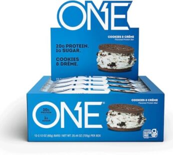 ONE Protein Bars, Cookies & Creme, Gluten Free Protein Bars with 20g Protein and 1g Sugar, Pantry Staples, 2.12 oz (12 Count)