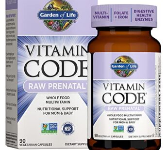 Garden of Life Vitamin Code Raw Whole Food Prenatal Multivitamin with Iron, Folate not Folic Acid, Best Vegetarian Gluten Free Prenatals for Women, 90 Count